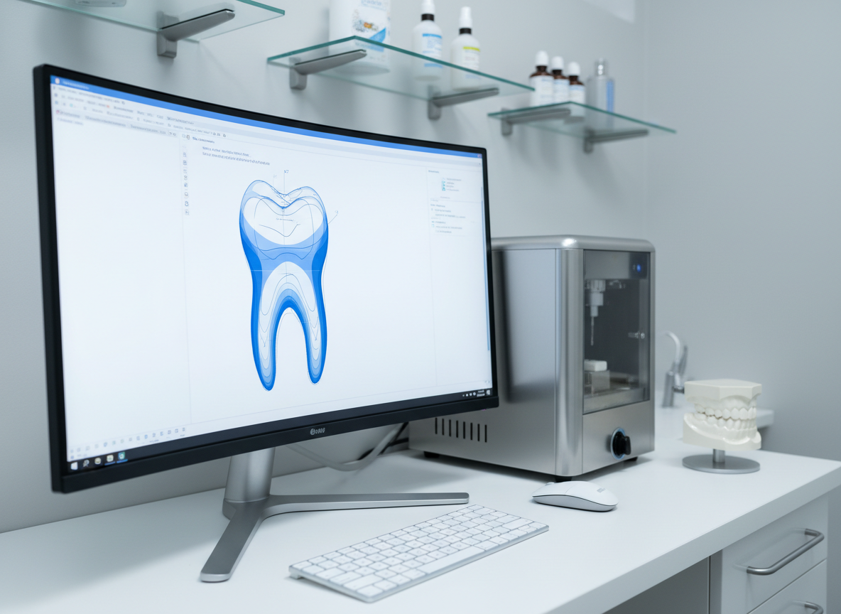 A sophisticated dental CAD/CAM workstation rendered in photographic realism, featuring a large high-resolution monitor displaying a detailed 3D model of a molar crown design in vivid blue and white. The monitor stands on a clean white desk alongside a compact milling unit, sleek wireless keyboard, and a polished resin model of a full dental arch. The environment resembles a modern digital dentistry lab with smooth light-gray walls and discreet shelving blurred in the background. Cool, even studio lighting highlights the screen and equipment, creating subtle reflections on metallic surfaces. Captured at a three-quarter angle with shallow depth of field, the screen content is in crisp focus while the background fades to soft bokeh. The mood is cutting-edge, precise, and educational, ideal for illustrating courses in dental technology and CAD/CAM workflows.