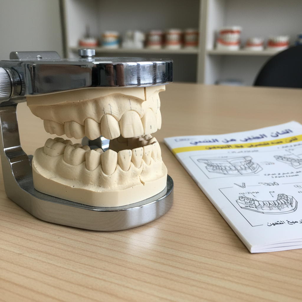 A close-up, photographic scene of a polished metal articulator holding a full upper and lower dental cast, placed on a clean light-wood desktop in a specialized prosthodontic training room. The stone casts show finely carved occlusal anatomy, and small reference markings in pencil indicate adjustment points. Beside the articulator lies a slim Arabic course manual on occlusion and bite registration, partially open with precise diagrams. Neutral studio lighting from the upper left creates defined yet soft shadows that accentuate the three-dimensional form of the casts and articulator. Captured from a low, side angle with a shallow depth of field, the focus rests on the contact points of the teeth, conveying precision, concentration, and a highly technical, educational atmosphere.