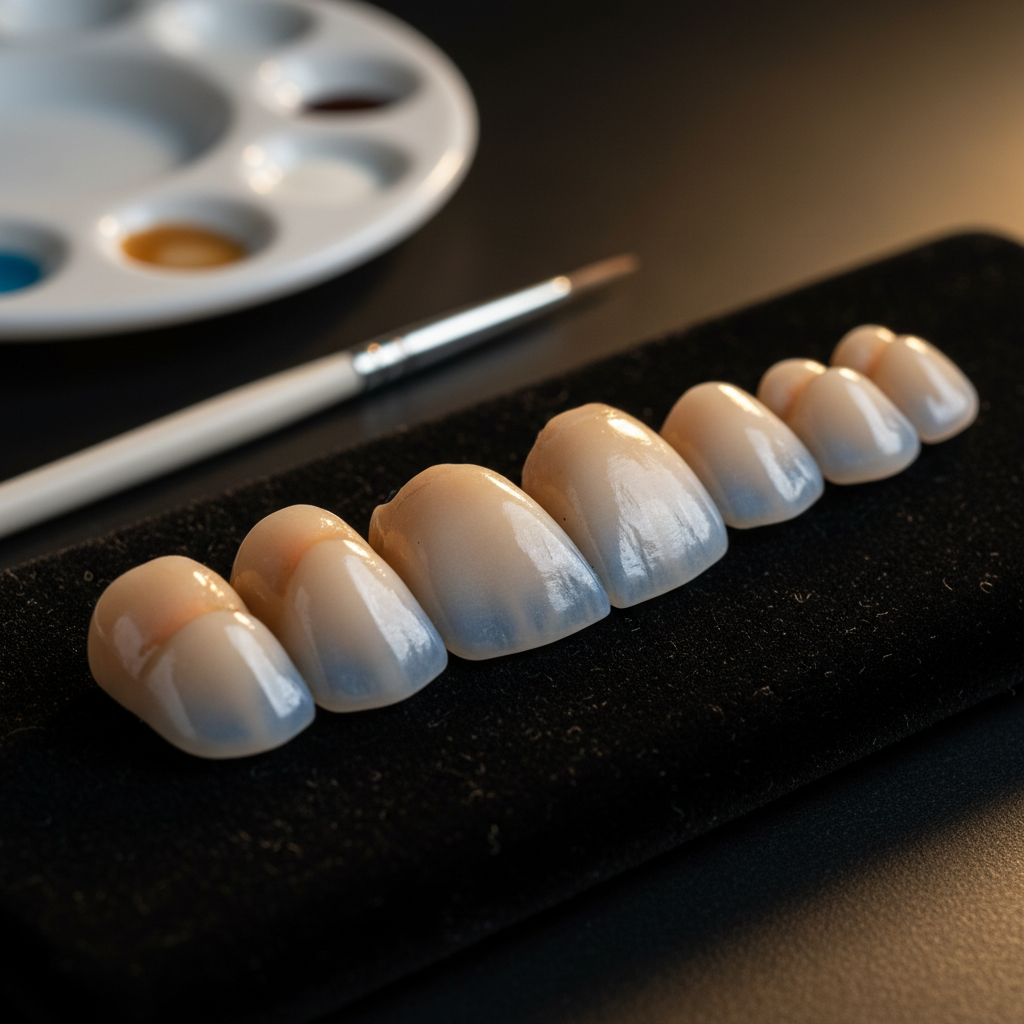 A high-detail macro photograph of layered ceramic dental crowns resting on a black velvet teaching pad in a dental ceramics lab. Each crown displays subtle color gradations from cervical to incisal, with translucent incisal edges and delicate surface texture that catches the light. A fine porcelain brush and a small mixing palette with tiny pools of colored ceramic stains sit nearby, slightly out of focus. Targeted, soft studio lighting from the right produces gentle highlights along the glossy ceramic and a dramatic contrast against the dark background. The composition is tight and centered, emphasizing craftsmanship and aesthetic detail. The mood is meticulous, refined, and artistic, perfectly suited to illustrate advanced courses in dental ceramics and esthetic restorations.