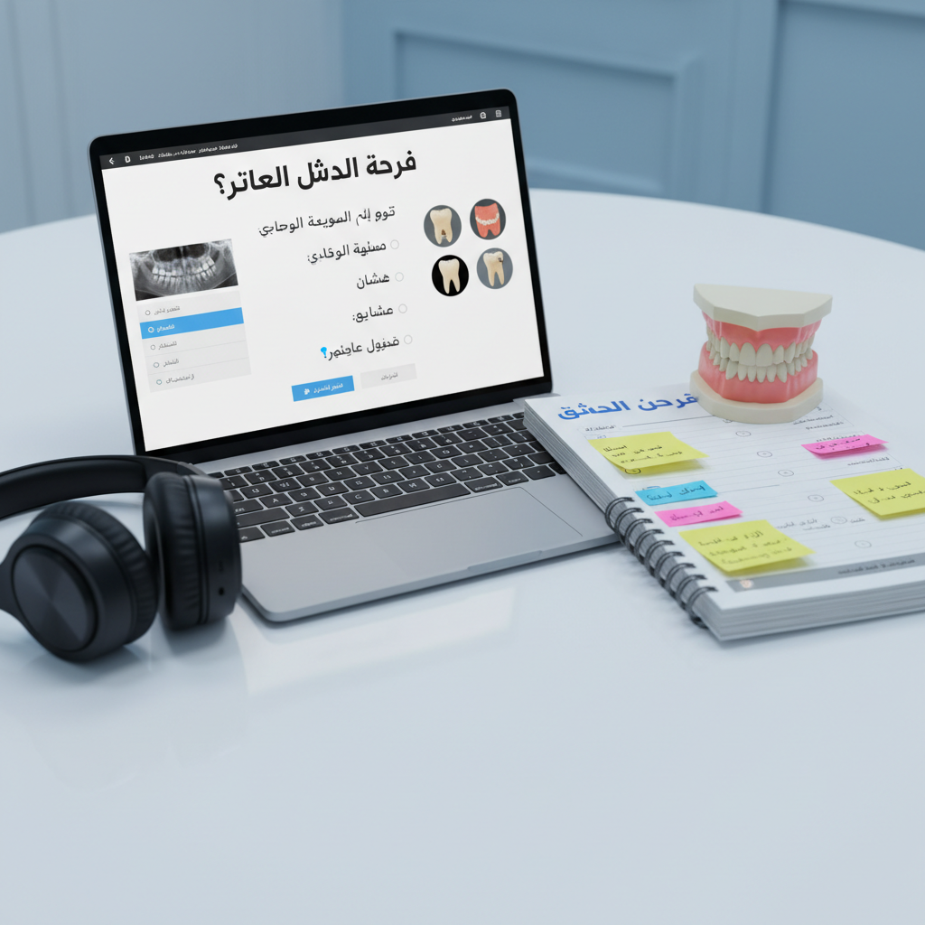 A detailed photographic view of a digital dental exam setup on a smooth white table, featuring an open laptop displaying an Arabic multiple-choice exam interface with dental radiographs and tooth diagrams. Next to the laptop, a printed question bank marked "دورات أسنان" is filled with color-coded sticky notes, with a compact, realistic dental model placed on top as a stress-relief object. A pair of noise-cancelling headphones rest neatly folded beside the materials. Soft, cool overhead lighting evenly illuminates the scene without harsh reflections on the screen. Shot from a slightly elevated angle with the laptop and book aligned diagonally across the frame, the composition feels structured, calm, and exam-focused, capturing the serious yet supportive atmosphere of preparing students for dental technology assessments.