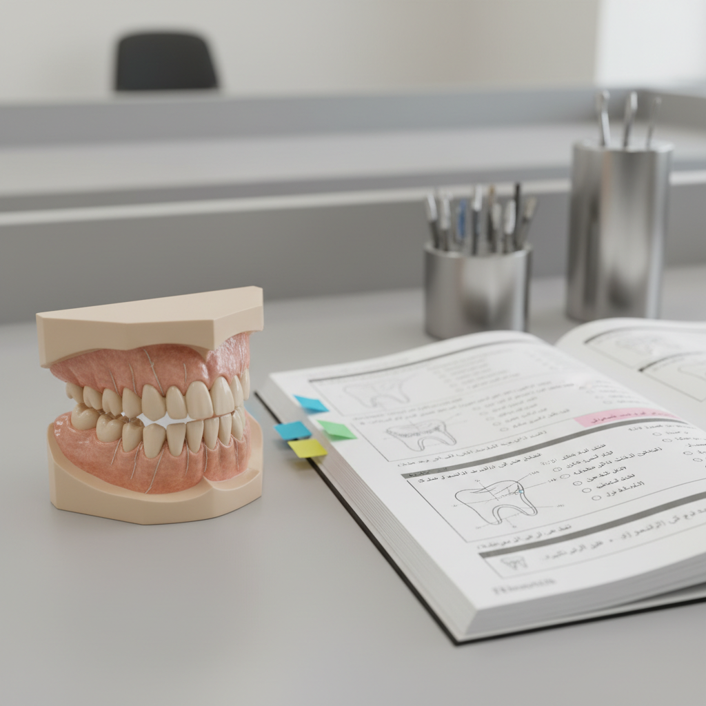 A close-up photographic view of a highly detailed 3D-printed dental model resting on a matte light-gray workbench in a digital dentistry classroom. The model shows perfectly defined teeth, roots, and gingiva with realistic textures and subtle color variations. Next to it, an open workbook in Arabic with diagrams and multiple-choice questions is marked with colored sticky tabs, beside a set of neatly aligned dental burs in a metal holder. Soft, neutral studio lighting illuminates the scene evenly, producing gentle shadows and crisp highlights on the model. Captured from a slightly elevated angle, the composition follows the rule of thirds, with the model in sharp focus and the text in soft focus, creating a calm, studious, and professional atmosphere in a clean, photographic style.