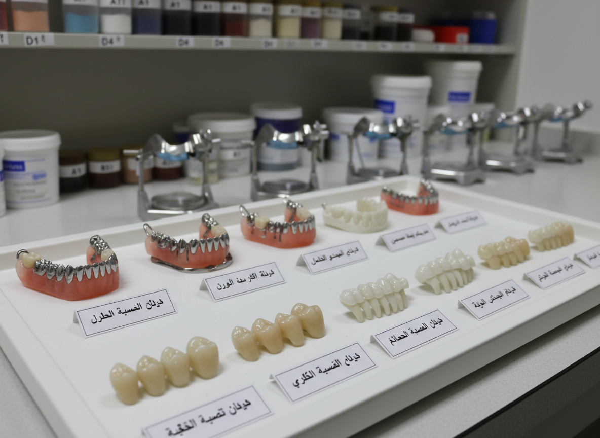 A neatly organized display of specialized dental prosthetics and materials arranged on a matte white teaching tray in a training laboratory. Individual ceramic crowns, full-contour zirconia bridges, and partial removable dentures with pink acrylic bases and chrome frameworks are lined up with labeled cards in Arabic. In the background, blurred shelves hold color-shaded porcelain powders, impression materials, and articulators. Neutral, diffused studio lighting from above reveals every fine surface detail while minimizing harsh shadows. Photographed from a slightly elevated angle with sharp focus throughout, the image emphasizes variety and structure. The atmosphere is highly professional, clinical yet visually appealing, showcasing the range of restorations students can learn to fabricate in specialized dental technology courses.