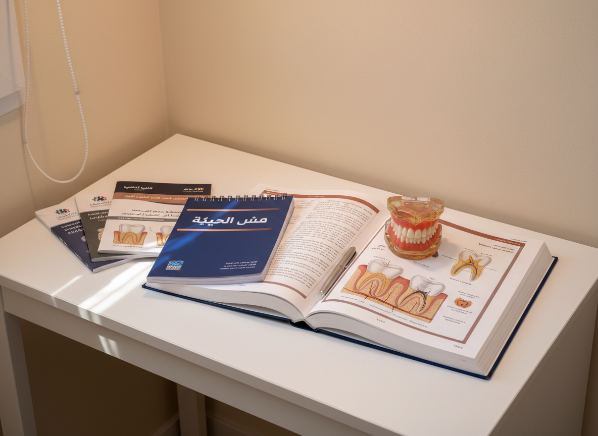 An ultra-realistic scene of a compact dental technology study corner featuring a sleek white desk against a soft beige wall. On the desk lies an open Arabic dental textbook with detailed tooth morphology illustrations, a spiral-bound question bank labeled "بنك أسئلة" in bold navy blue, and a stack of organized course booklets for specialized dental technology topics. A small, lifelike resin dental arch model rests on the book, with a fine-point pen placed diagonally across the pages. Gentle, warm overhead lighting and subtle natural light from an unseen window create a balanced, inviting brightness with soft shadows. Photographed from a slightly elevated, centered perspective with moderate depth of field, the composition feels orderly, focused, and highly professional, reflecting a serious yet welcoming learning environment.