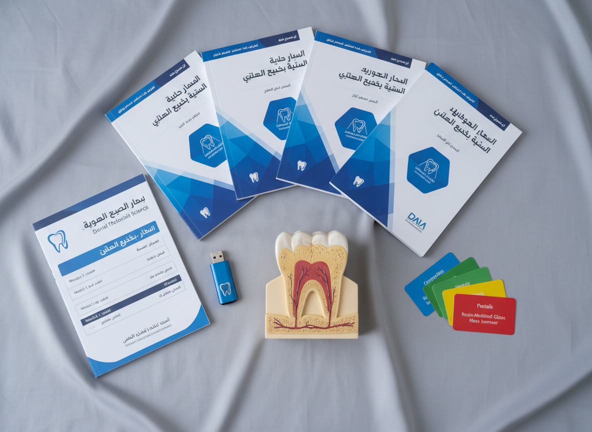 An educational flat-lay composition on a soft gray surface featuring multiple dental course materials. Several Arabic-language course book covers with elegant blue and white designs are arranged around a central, highly detailed anatomical dental model, showing enamel, dentin, and pulp in cross-section with realistic colors. Nearby, a labeled question bank booklet, a USB drive branded with a dental logo, and color-coded flashcards about dental materials create an organized study kit. Soft, diffused overhead lighting ensures even illumination without glare, casting minimal, gentle shadows. The photographic composition is precisely balanced with clear negative space around the edges, producing a calm, methodical, and highly professional mood that communicates structure and thorough preparation for dental technology exams.